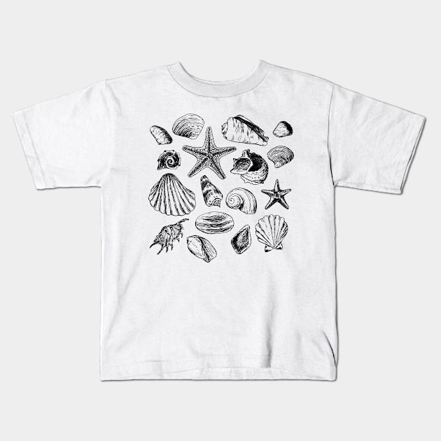 Vintage Seashells Illustration Kids T-Shirt by Pocketful of Prosey